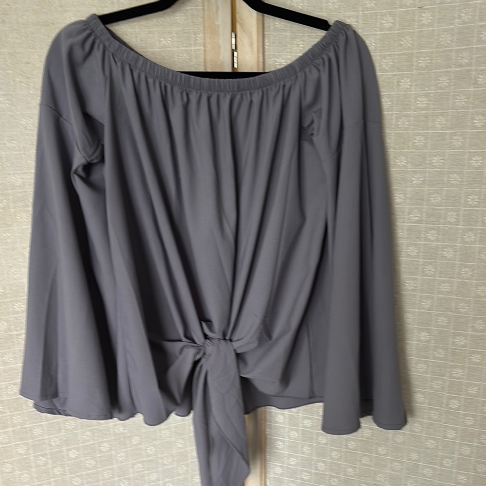 Gray Dolman Sleeve Blouse with Tie Front